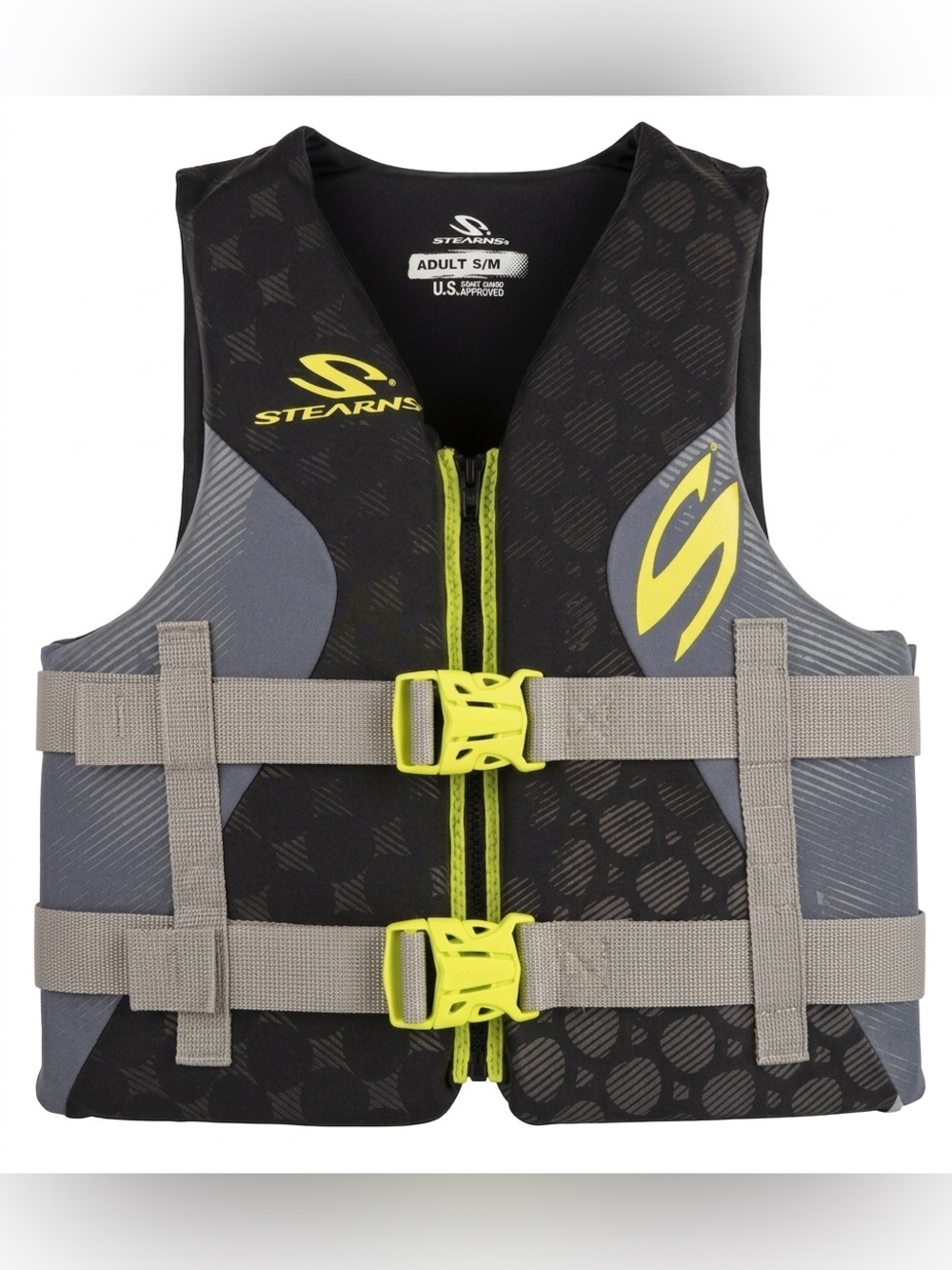 Stearns Adult S/M Life Jacket Type III PFD Ski Vest Black Gray Neon Yellow